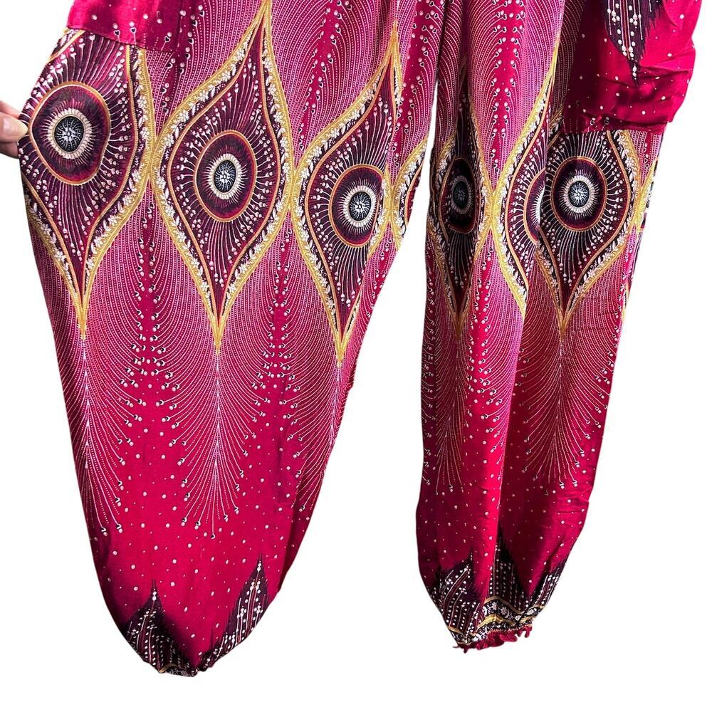 SOLD SOLD SOLD Harem Boho Yoga Hippie Lounge Peacock Print Smocked Baggy Pants - Picture 3 of 7